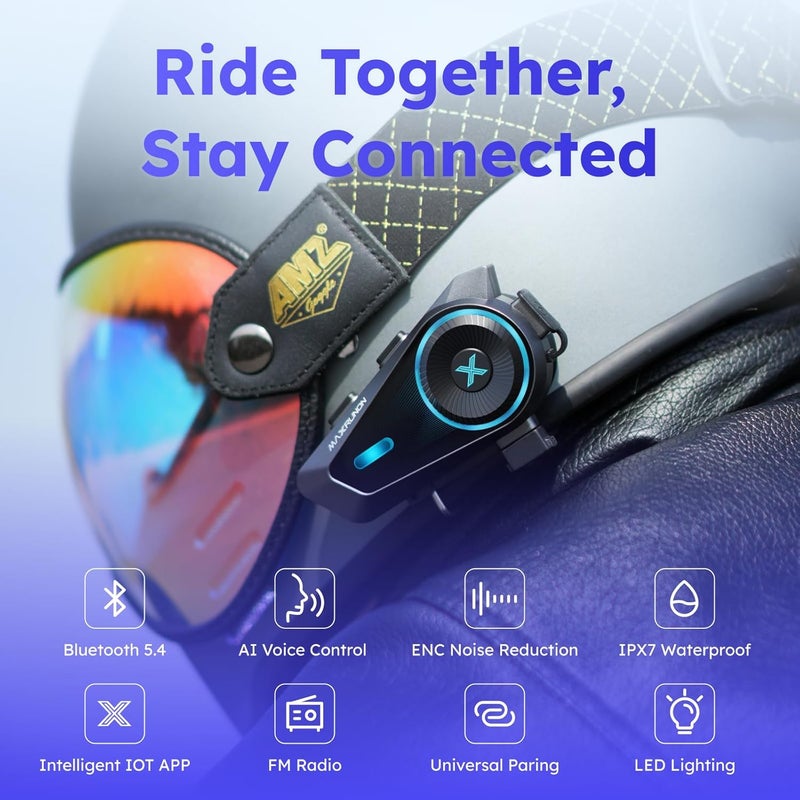 MAXRUNON D10 Motorcycle Bluetooth Headset, 4-Rider Intercom, Helmet Communication System, V5.4, ENC Noise Cancelling, AI Voice Control, Audio Multitasking, FM Radio, IPX7, Fits Snowmobile/Ski, 2 Pack - Image 2